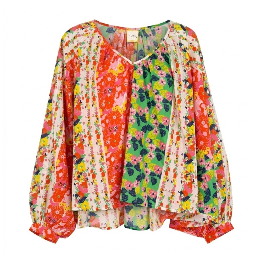 Floe Floral Patchwork Blouse Green Orange Cotton Batwing Sleeve Top Size S